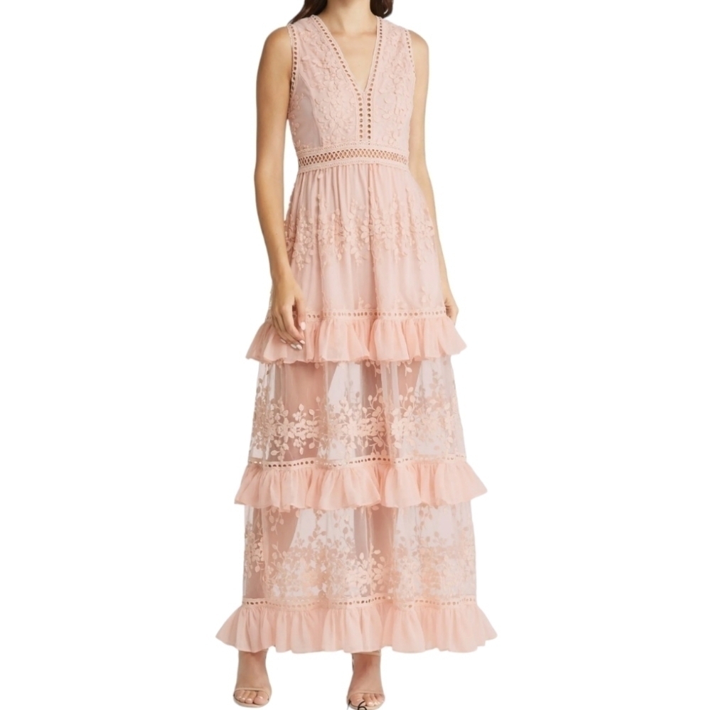 Lulus Garden Dreams Lace Tiered Maxi Dress, Size , Blush, EUC